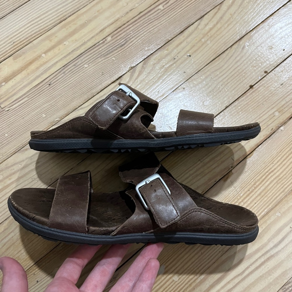 Merrell Leather Slide Sandals Womens 7 Brown Buckle Cork Footbed J03758 - Picture 2 of 9